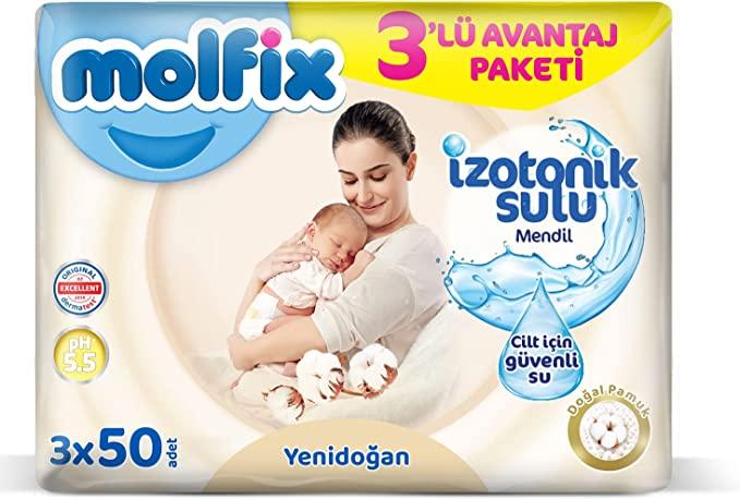 Molfix Yenidoğan İzotonik Sulu Doğal Pamuk Islak Havlu Mendil 3’Lü 150 Yaprak